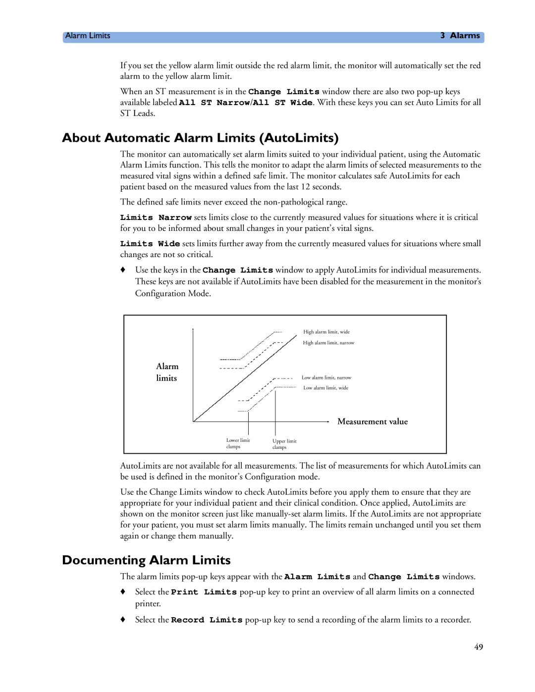 Philips MP60/70/80/90 About Automatic Alarm Limits AutoLimits, Documenting Alarm Limits, Alarm limits, Measurement value 