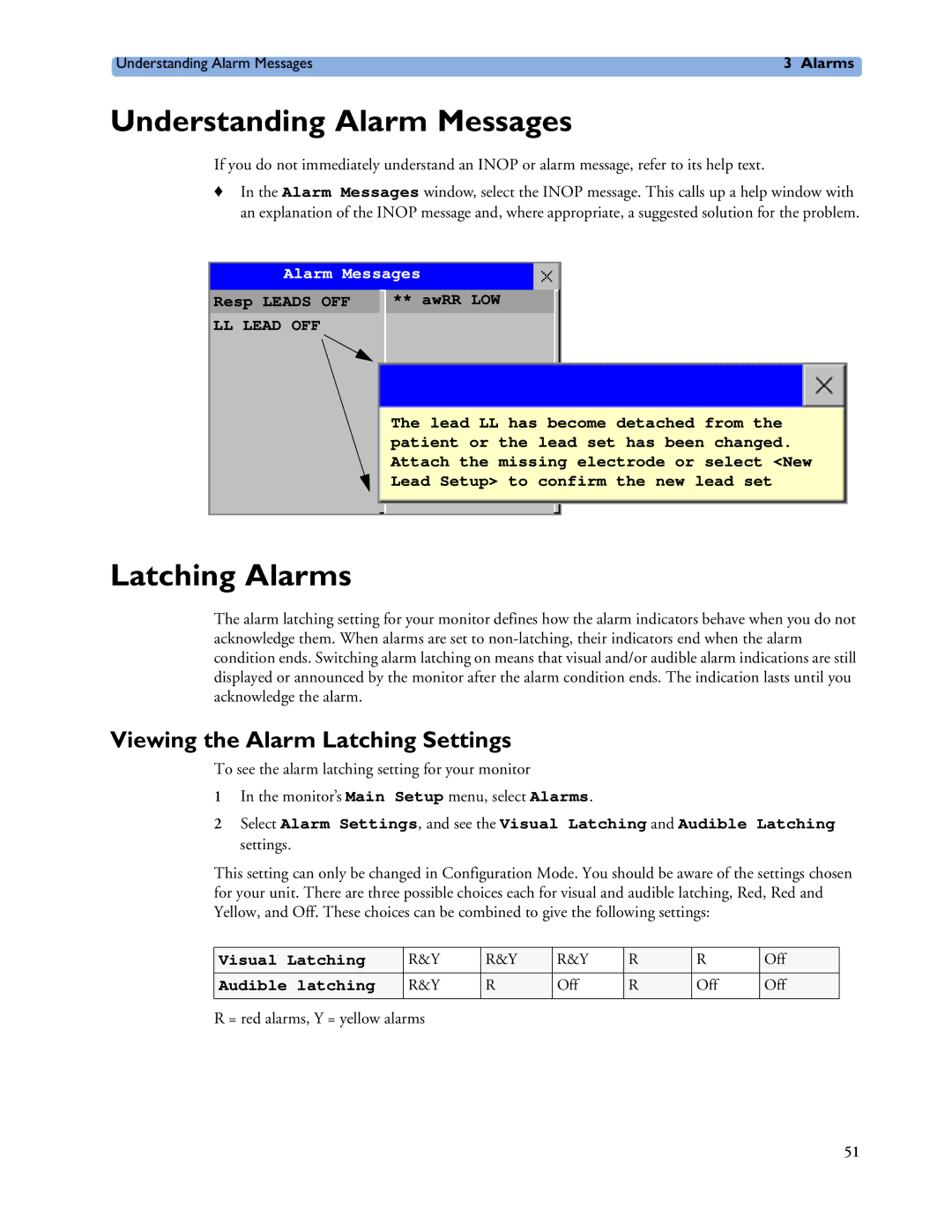 Philips MP40/50, MP60/70/80/90, MP20/30 Understanding Alarm Messages, Latching Alarms, Viewing the Alarm Latching Settings 