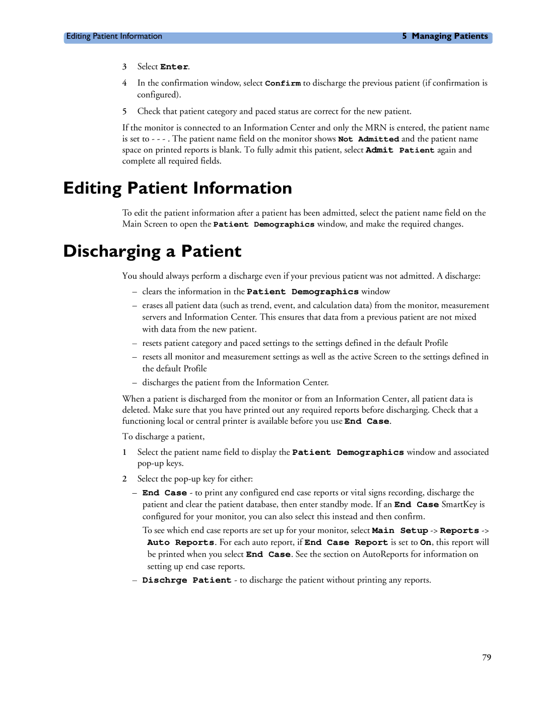 Philips MP60/70/80/90, MP20/30, MP40/50 manual Editing Patient Information, Discharging a Patient 