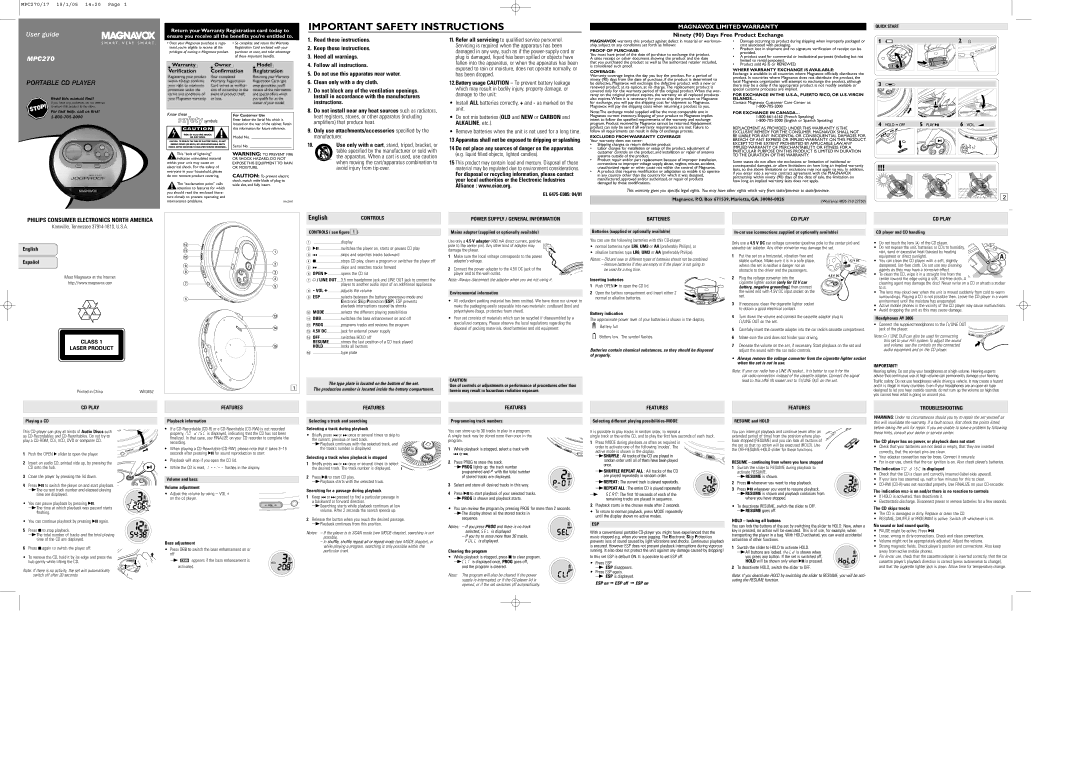 Philips MPC270 important safety instructions Damaged in any way, such as if the power-supply cord or, Playing a CD 