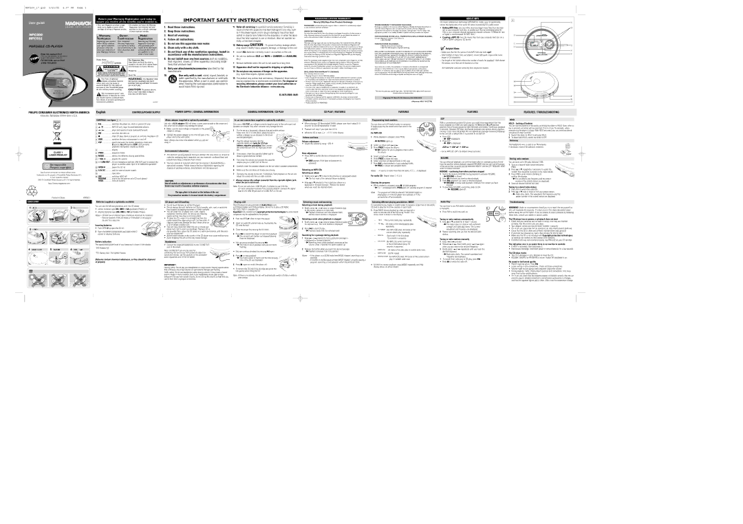 Philips MPC500 important safety instructions Ninety 90 Days Free Product Exchange, EL 6475-E005 04/01, For MP3-CD 