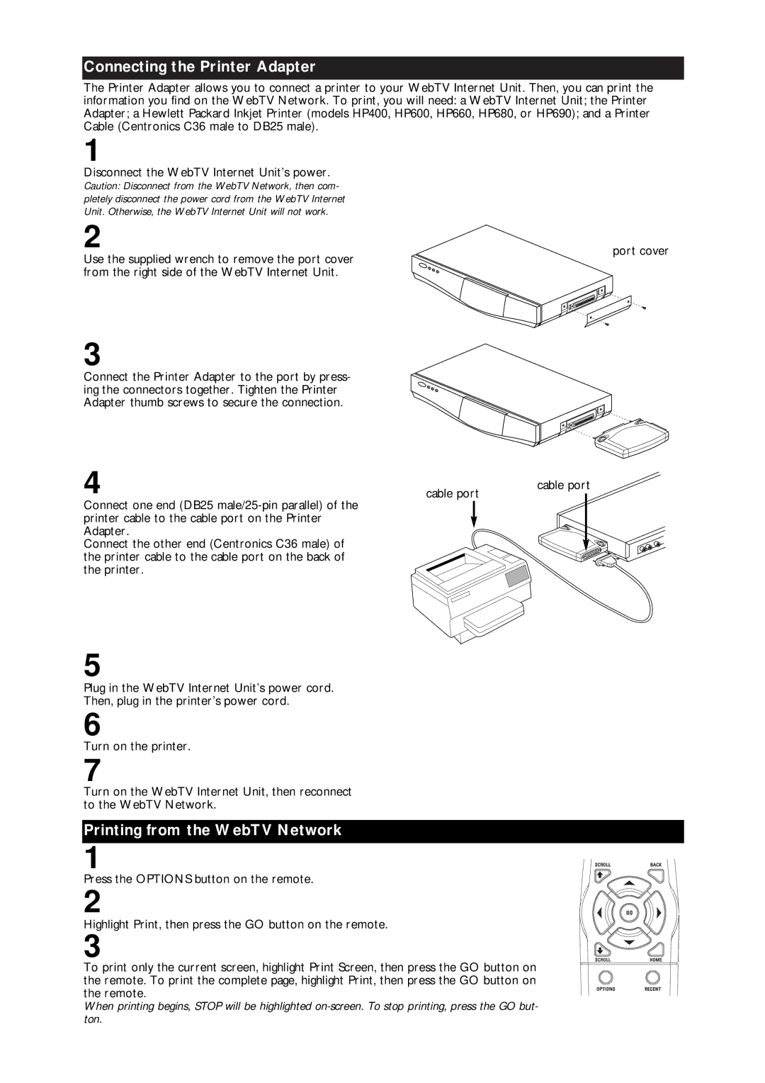 Philips MPR975A101 warranty Connecting the Printer Adapter, Printing from the WebTV Network 