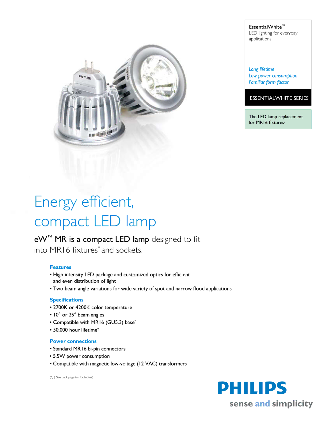 Philips MR16 specifications Energy efficient, compact LED lamp, Features, Specifications, Power connections 