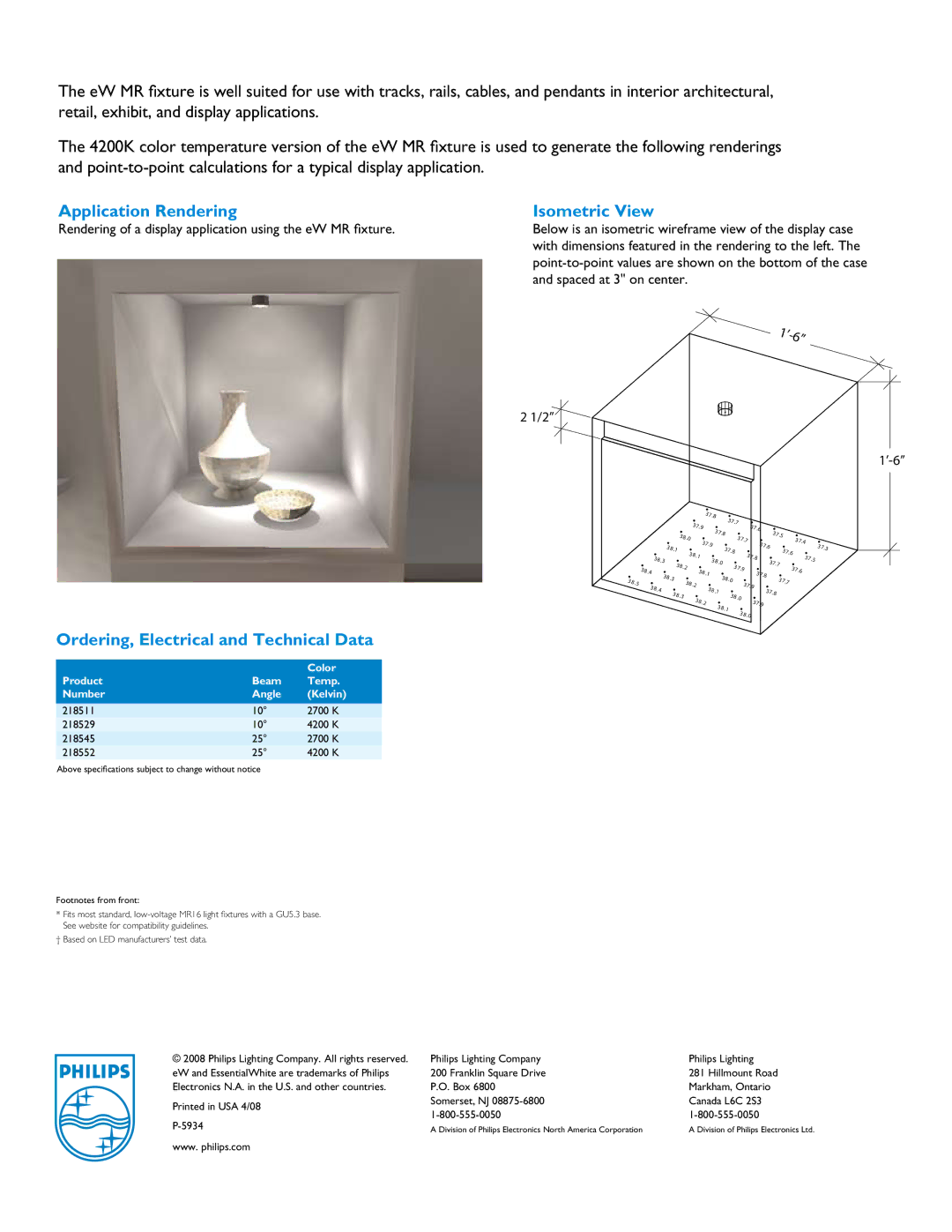 Philips MR16 specifications Application Rendering, Ordering, Electrical and Technical Data, Isometric View, ’-6 