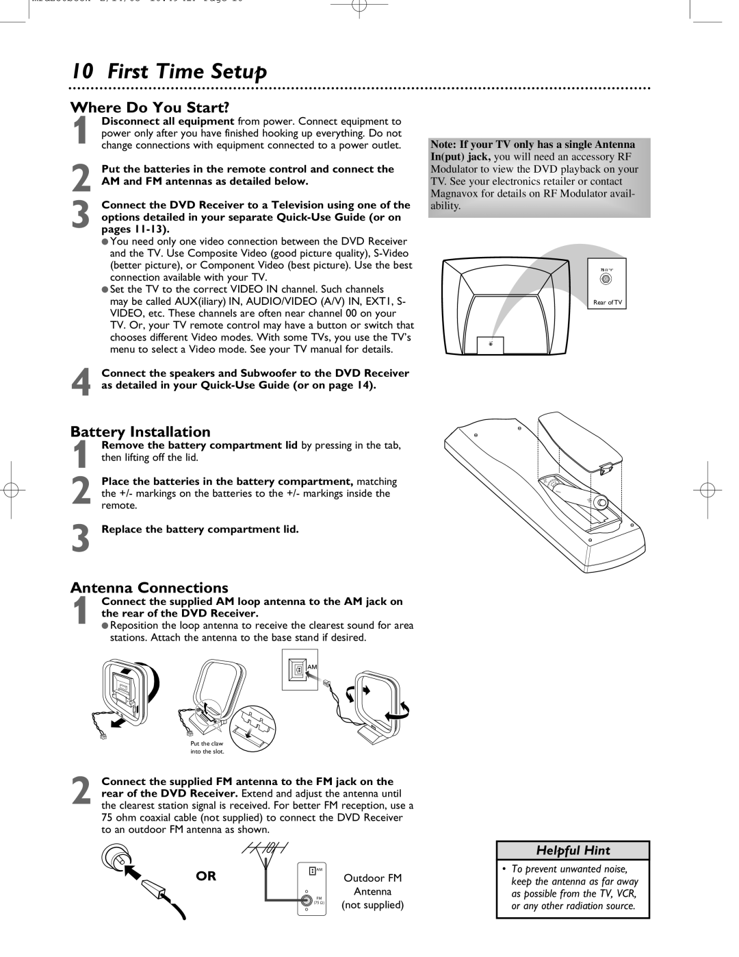 Philips MRD-250 warranty First Time Setup, Where Do You Start?, Antenna Connections 