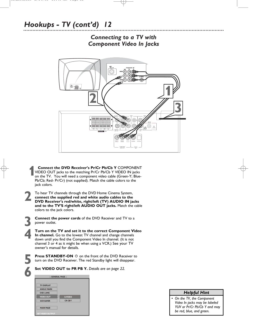 Philips MRD-250 warranty Hookups TV cont’d, Connecting to a TV with Component Video In Jacks 