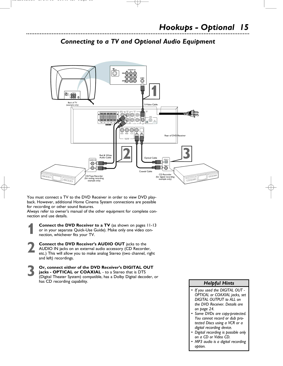 Philips MRD-250 warranty Hookups Optional, Connecting to a TV and Optional Audio Equipment 