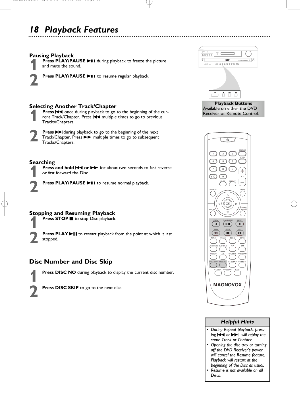 Philips MRD-250 warranty Playback Features, Disc Number and Disc Skip 