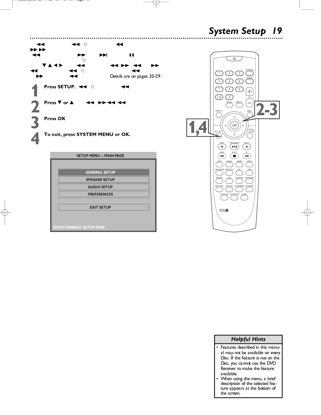 Philips MRD-250 System Setup, Press SETUP. The System Menu appears on the TV screen, Press 9 or 8 to move through the Menu 