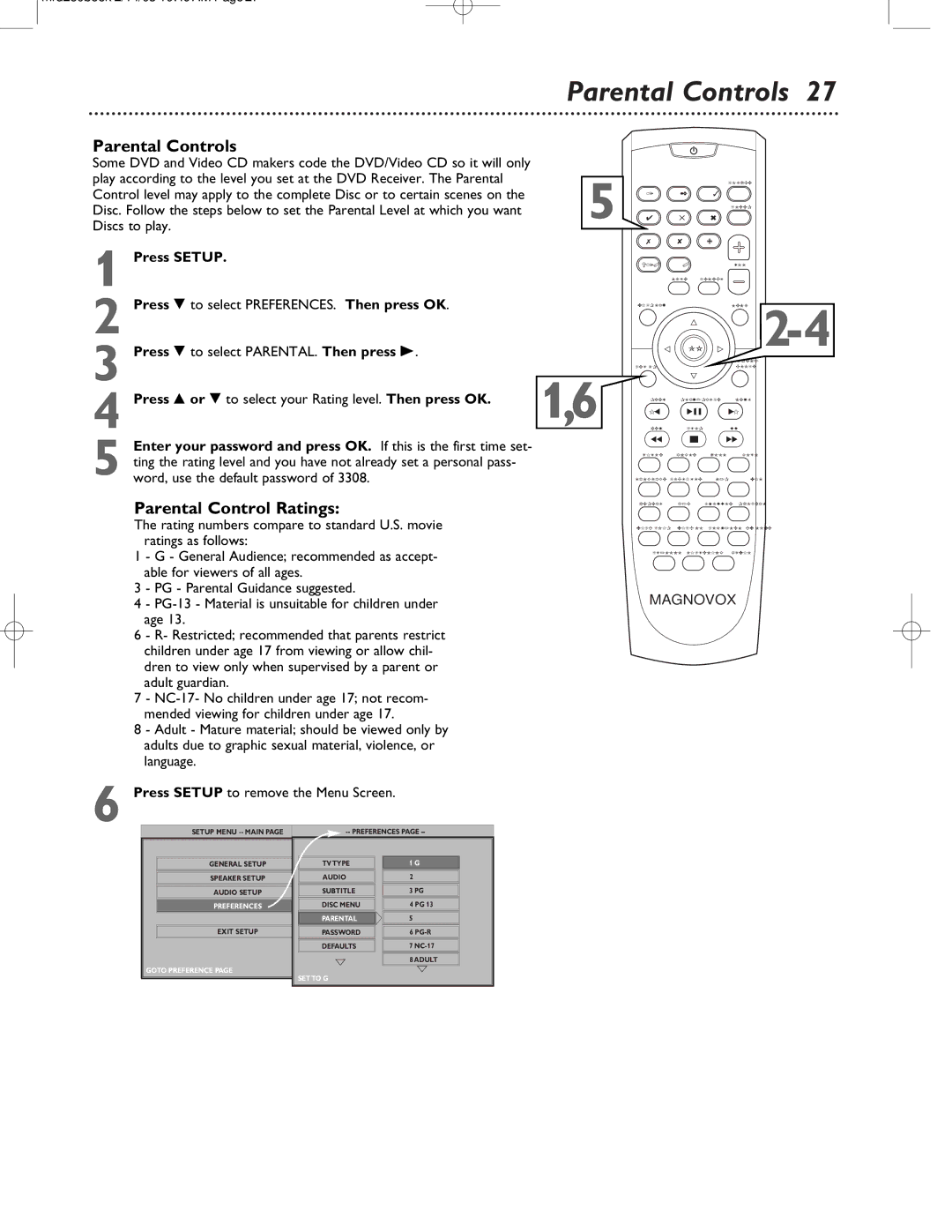 Philips MRD-250 warranty Parental Controls, Parental Control Ratings, Preferences 