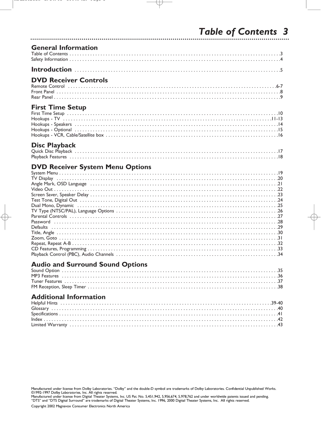 Philips MRD-250 warranty Table of Contents 