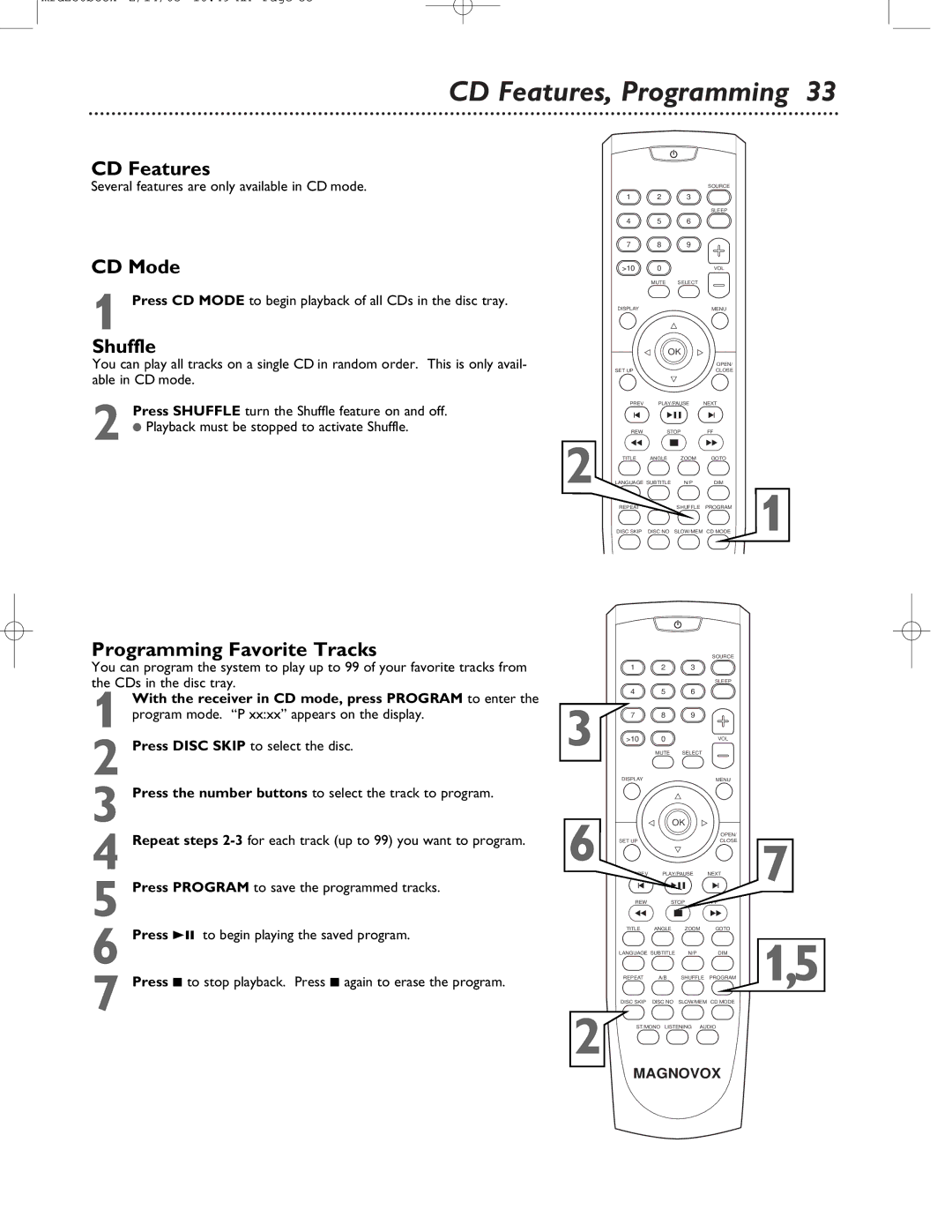 Philips MRD-250 warranty CD Features, Programming, CD Mode, Shuffle, Programming Favorite Tracks 