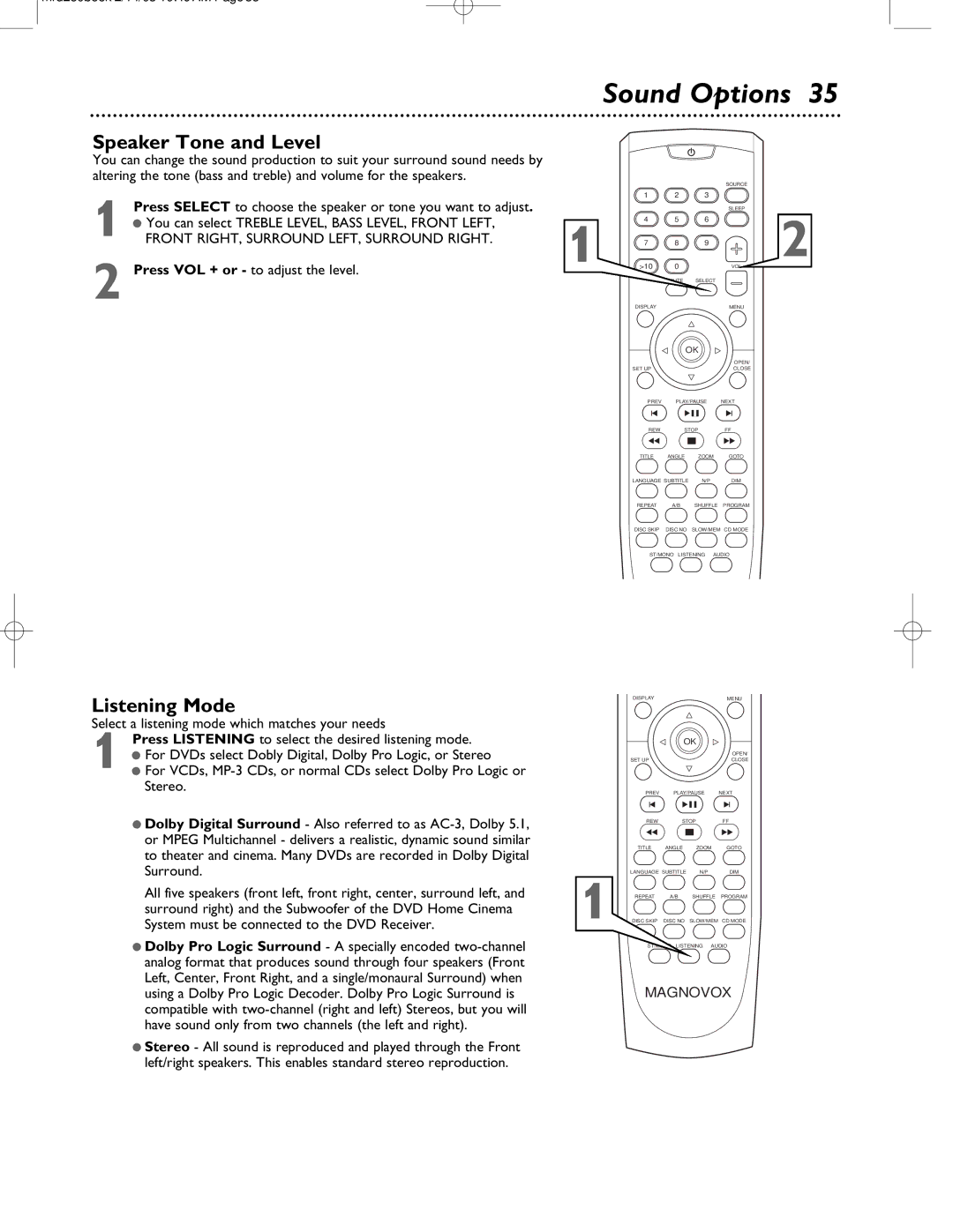 Philips MRD-250 warranty Sound Options, Speaker Tone and Level, Listening Mode, Press VOL + or to adjust the level 