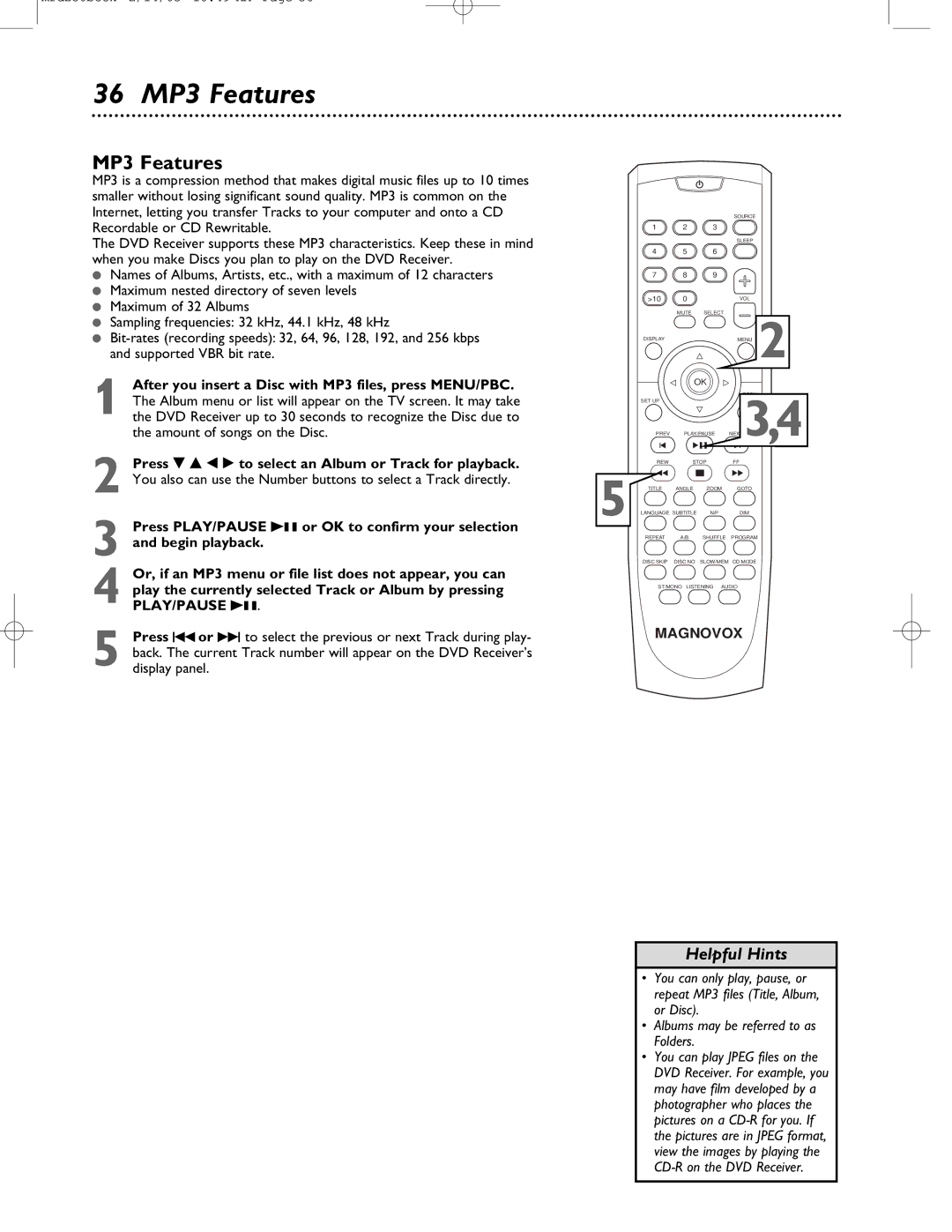 Philips MRD-250 warranty 36 MP3 Features, After you insert a Disc with MP3 files, press MENU/PBC, CD-R on the DVD Receiver 