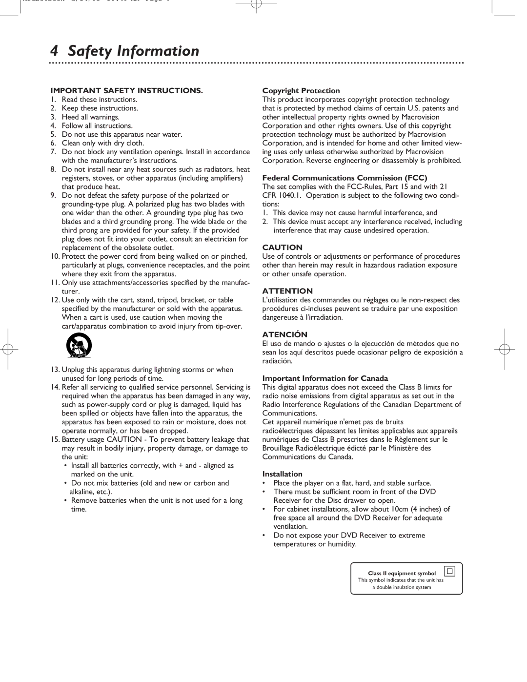 Philips MRD-250 warranty Safety Information, Important Safety Instructions, Atención 