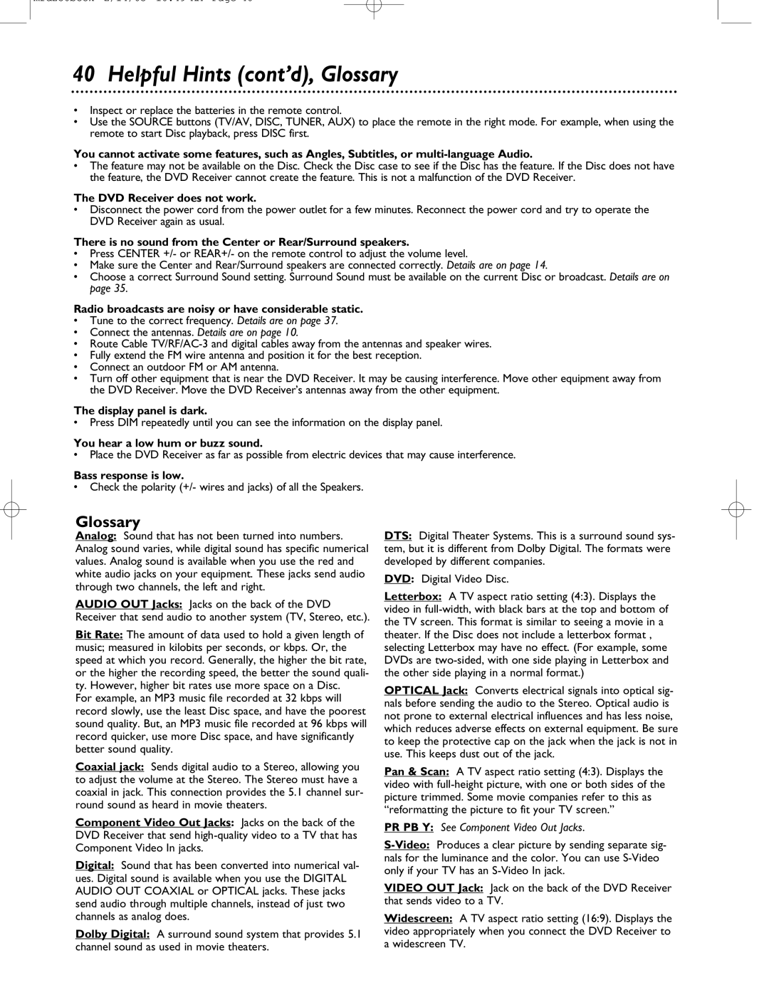 Philips MRD-250 warranty Helpful Hints cont’d, Glossary 