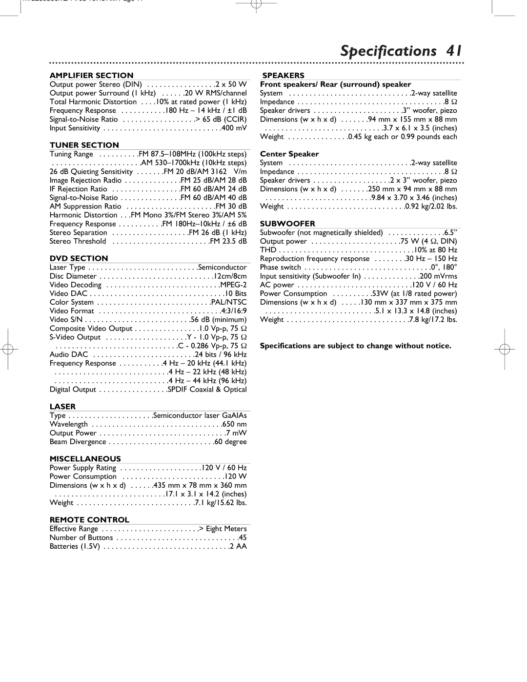 Philips MRD-250 warranty Specifications 