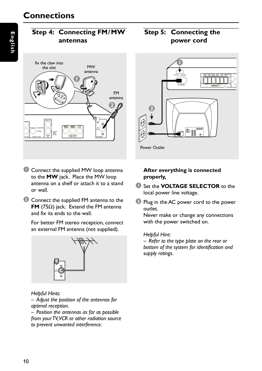 Philips MRD120 manual Connecting FM/MW Antennas Power cord, Plug in the AC power cord to the power outlet 