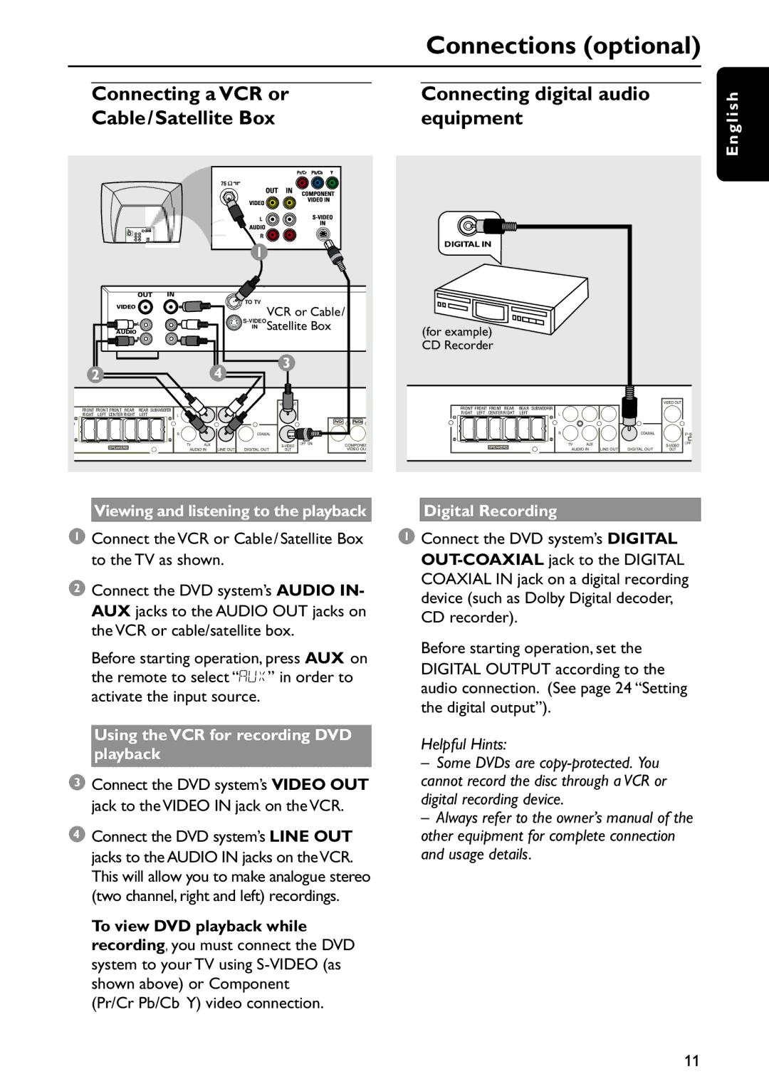 Philips MRD120 manual Viewing and listening to the playback, Connect the VCR or Cable/Satellite Box to the TV as shown 