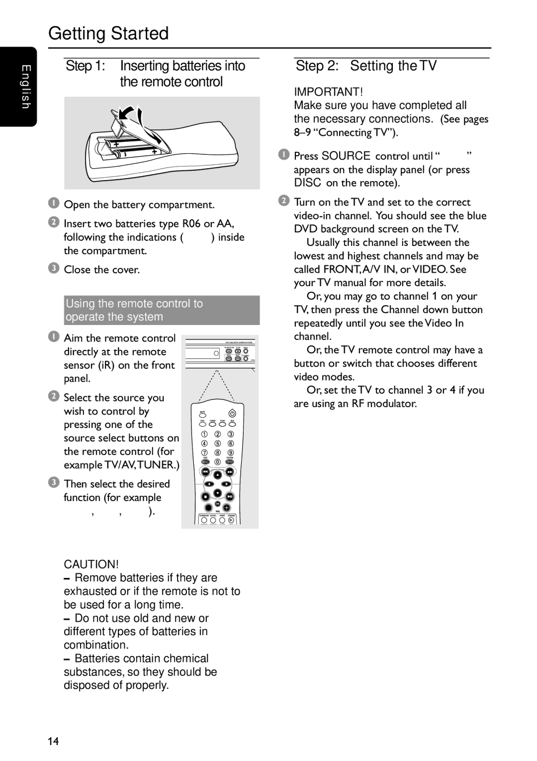 Philips MRD120 manual Getting Started, Setting the TV, Inserting batteries into the remote control 