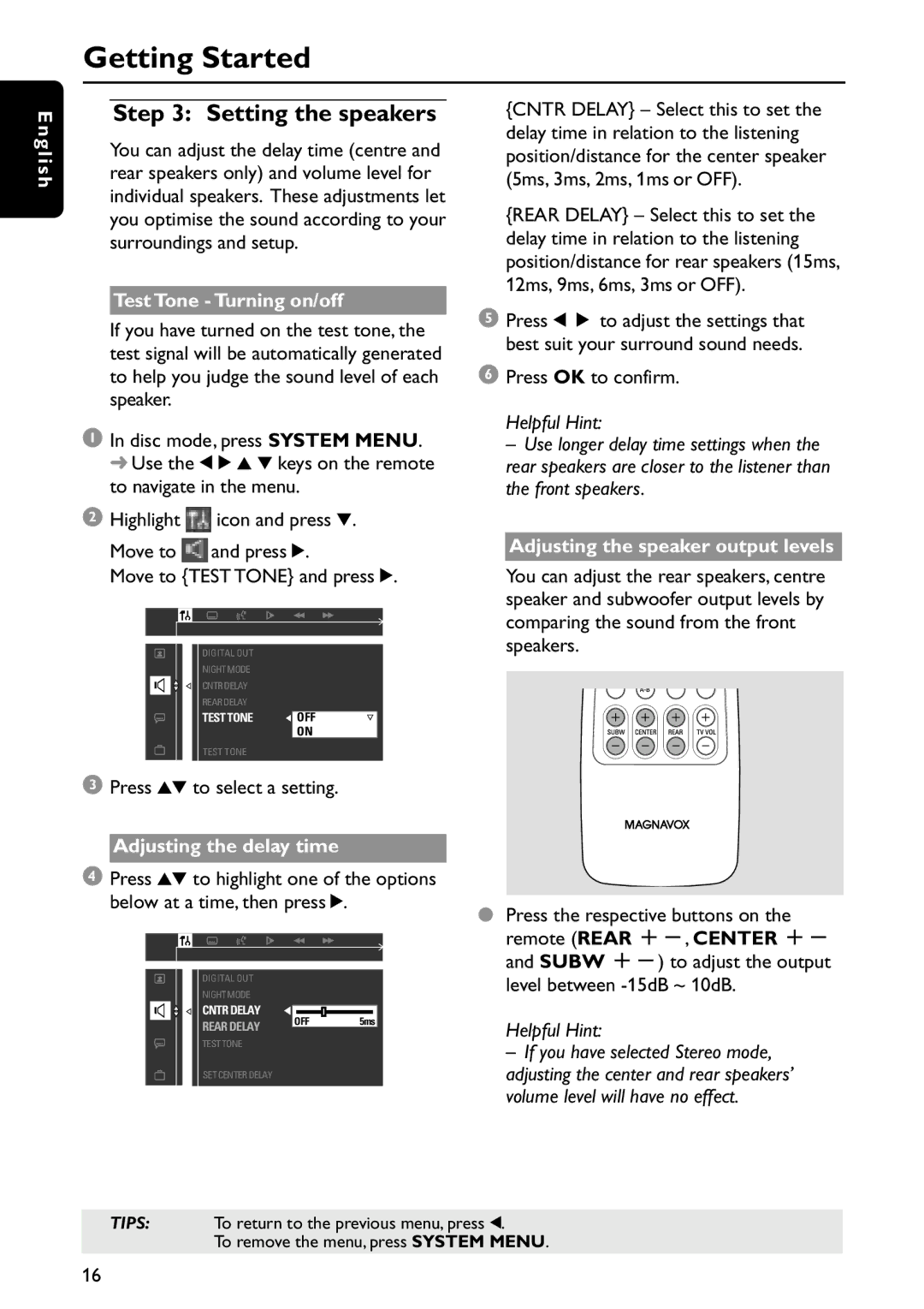 Philips MRD120 manual Setting the speakers, Test Tone Turning on/off, Adjusting the delay time 