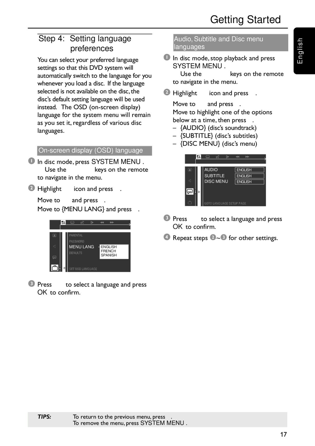 Philips MRD120 manual Setting language preferences, On-screen display OSD language, Audio, Subtitle and Disc menu languages 