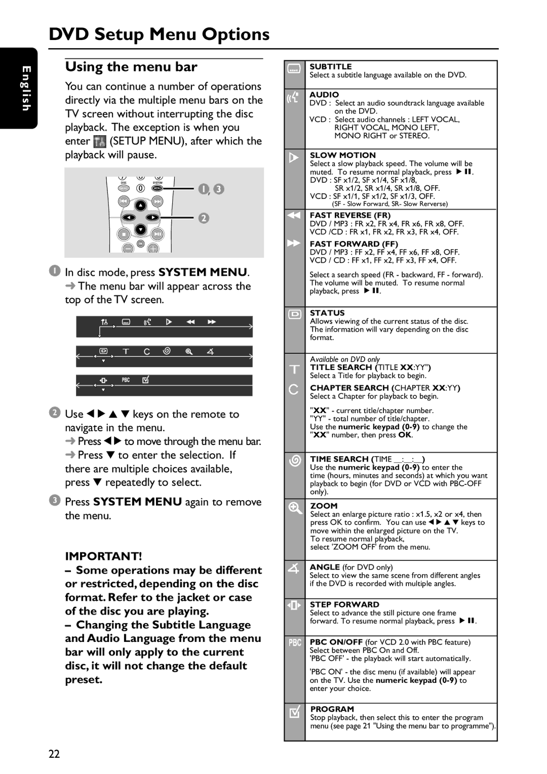 Philips MRD120 manual DVD Setup Menu Options, Using the menu bar, Press System Menu again to remove the menu 