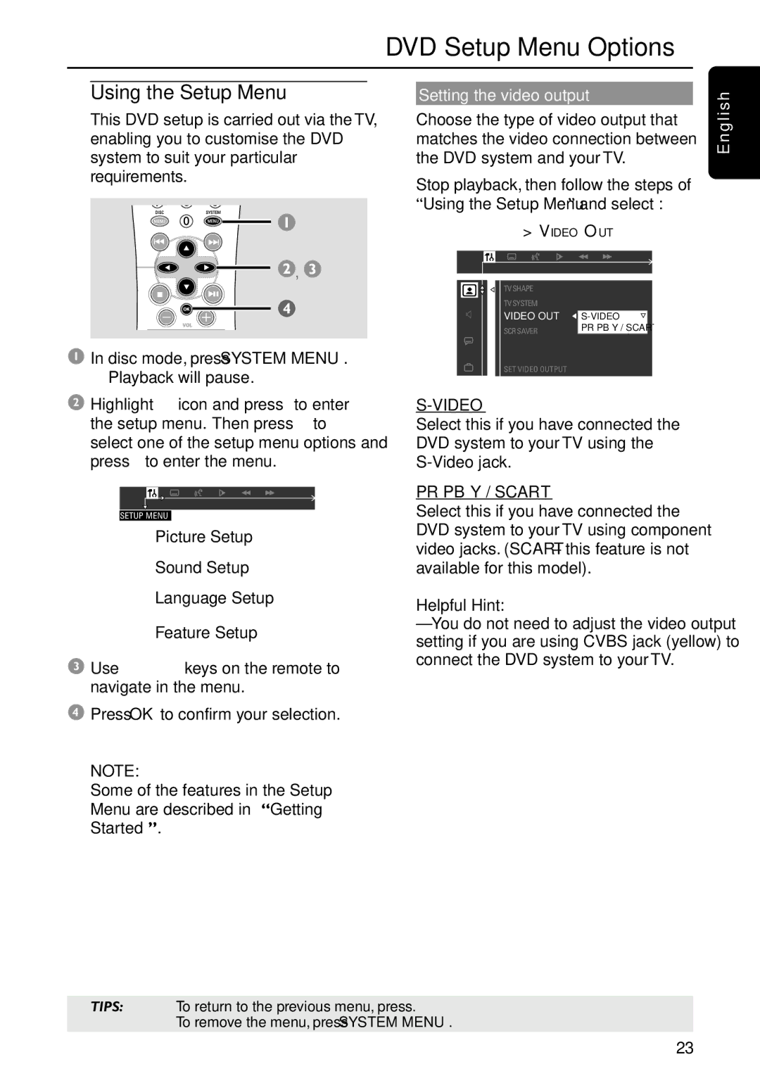 Philips MRD120 Setting the video output, Picture Setup Sound Setup Language Setup Feature Setup, Video, PR PB Y / Scart 