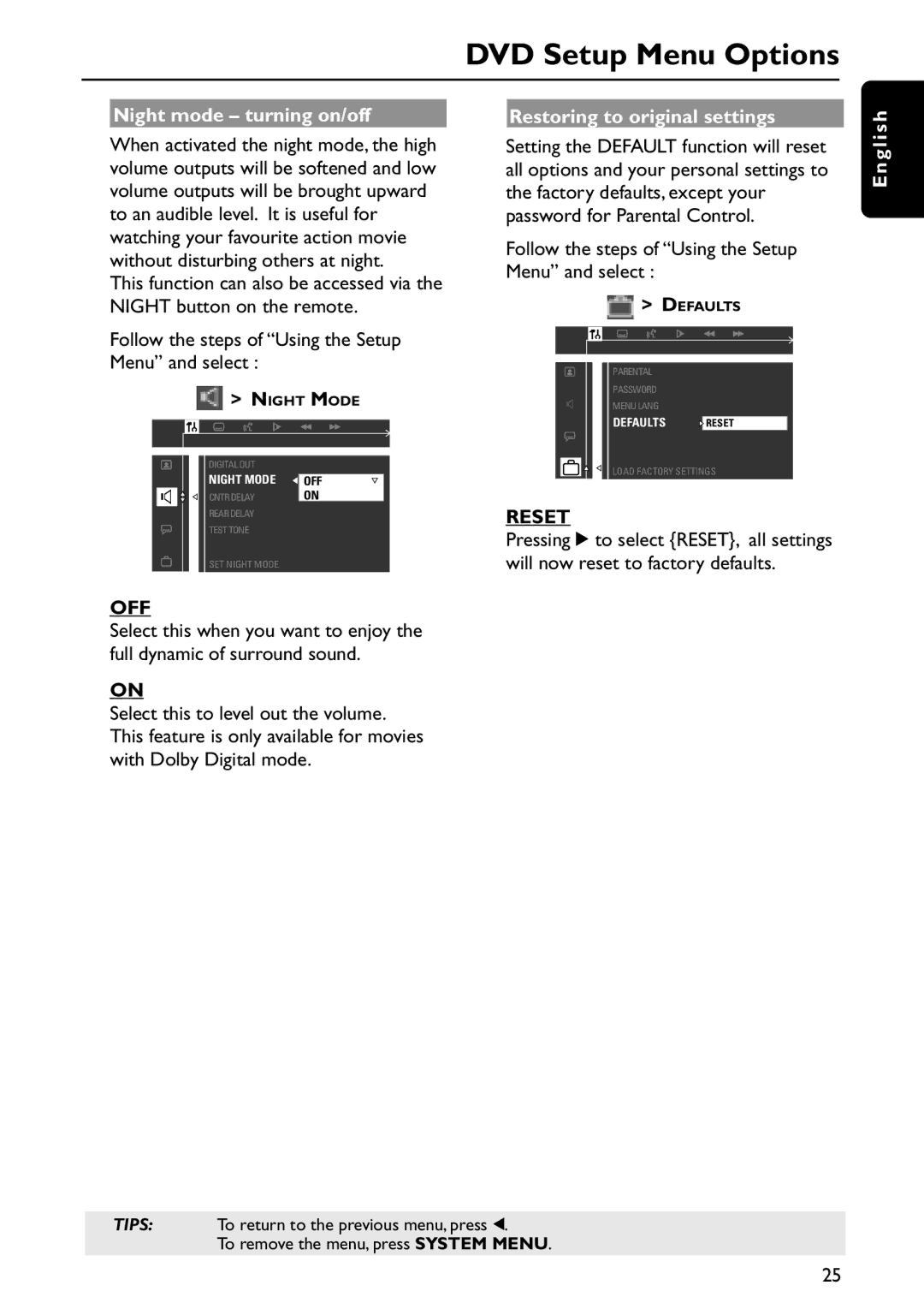 Philips MRD120 manual Night mode turning on/off, Restoring to original settings, Reset 