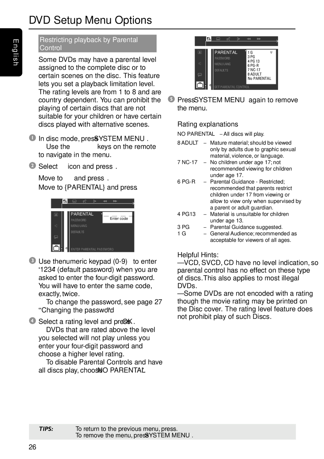 Philips MRD120 manual G l i s h Restricting playback by Parental Control, Move to and press Move to Parental and press 