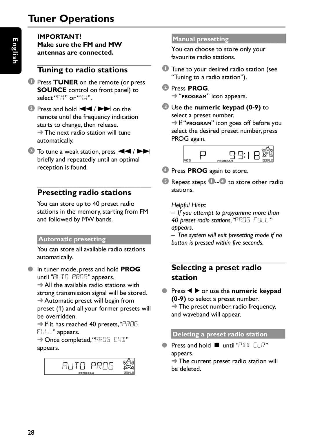 Philips MRD120 Tuner Operations, Tuning to radio stations, Presetting radio stations, Selecting a preset radio station 