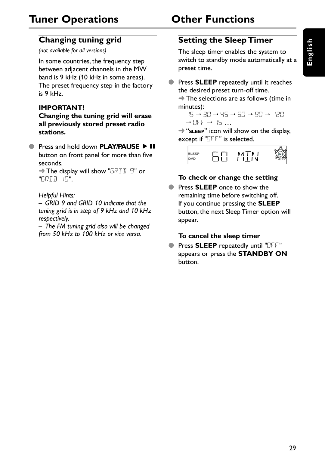 Philips MRD120 Tuner Operations Other Functions, Changing tuning grid, Setting the Sleep Timer, To cancel the sleep timer 