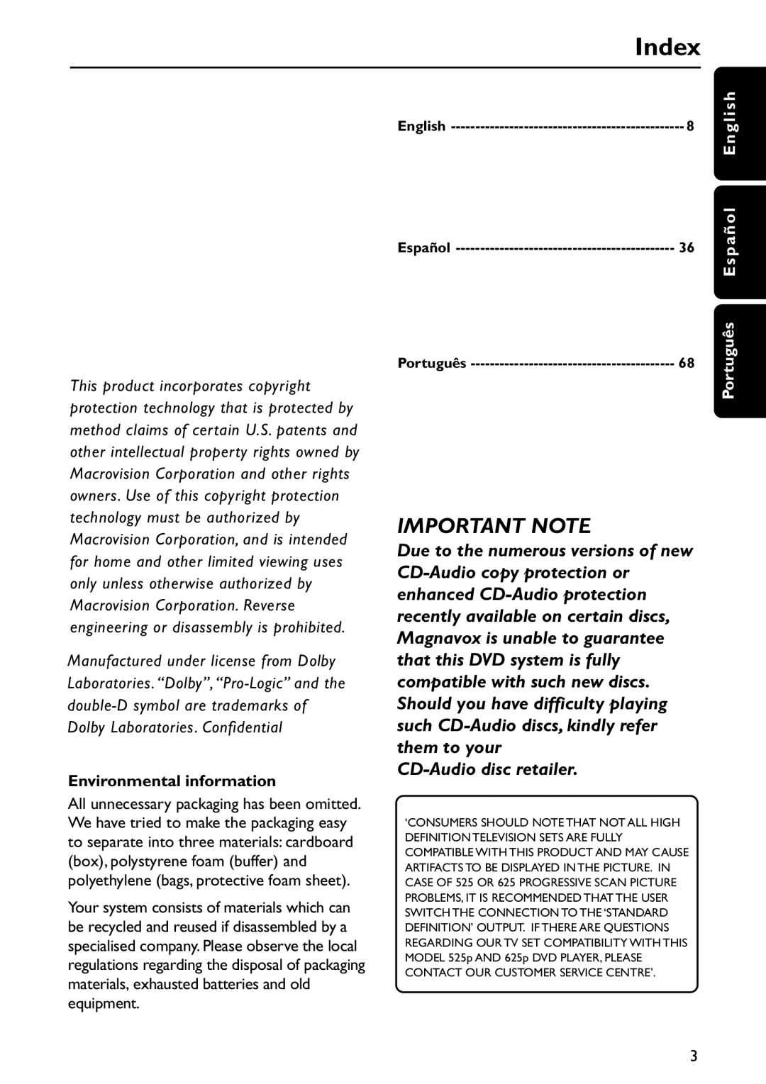 Philips MRD120 manual Index, Environmental information, Português Español English 