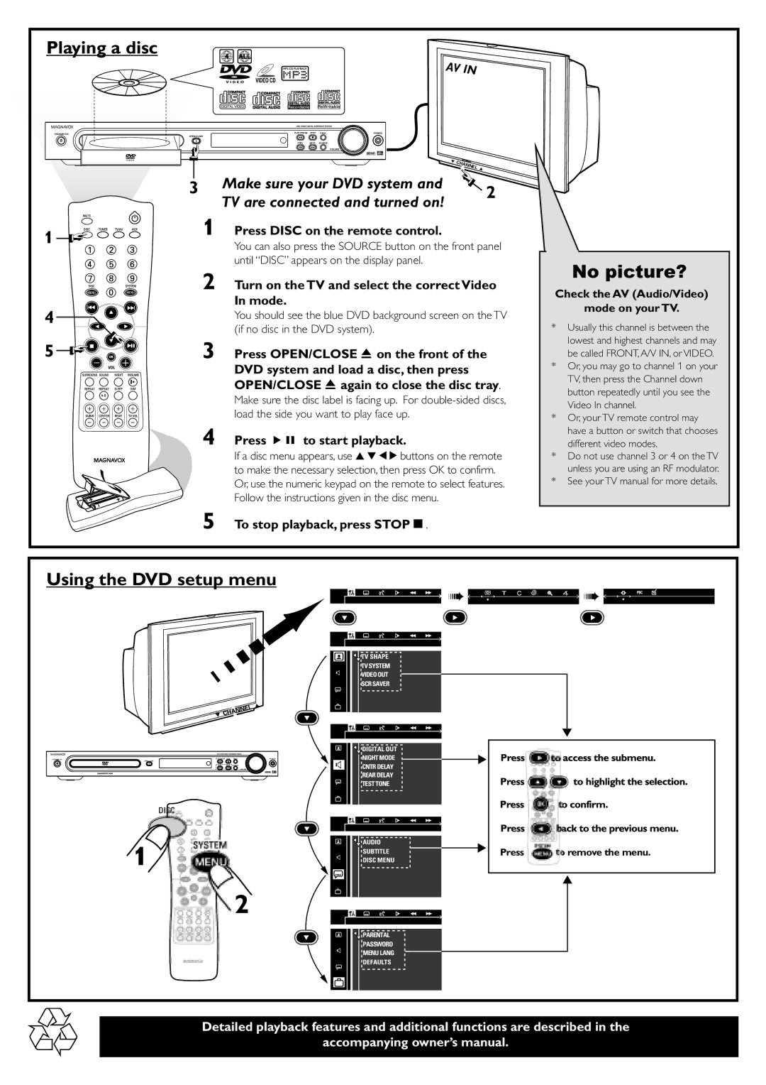 Philips MRD120 manual Playing a disc, No picture?, Using the DVD setup menu 