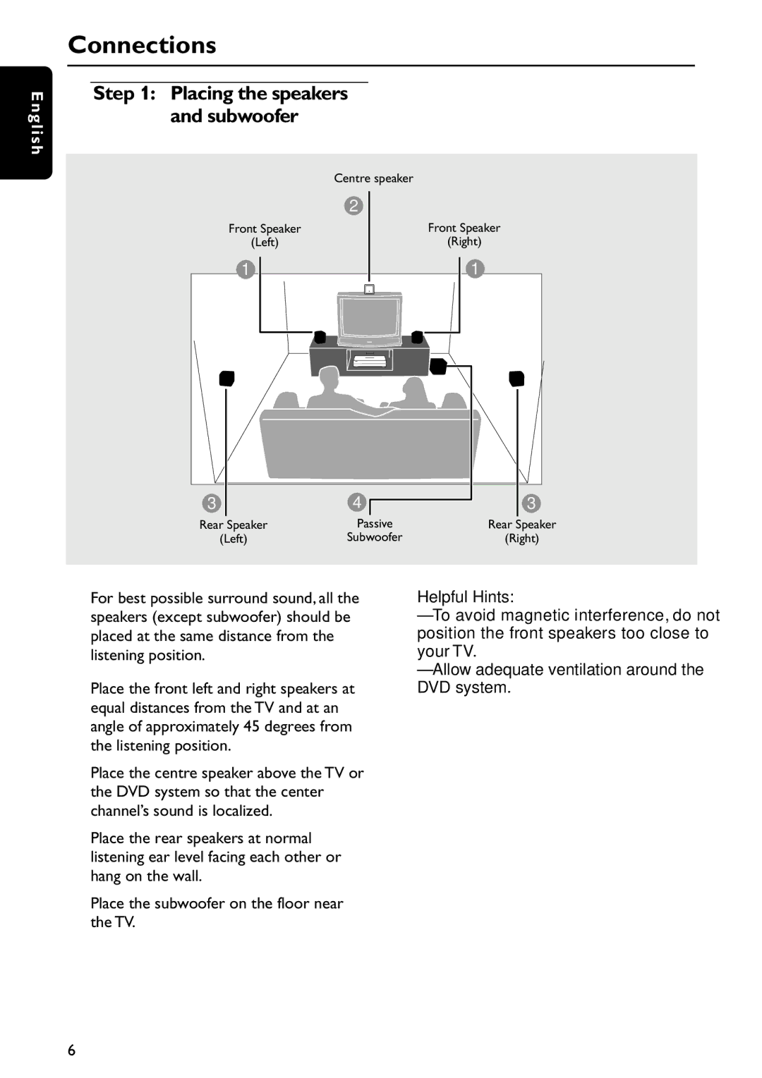 Philips MRD120 manual Connections, Placing the speakers and subwoofer 