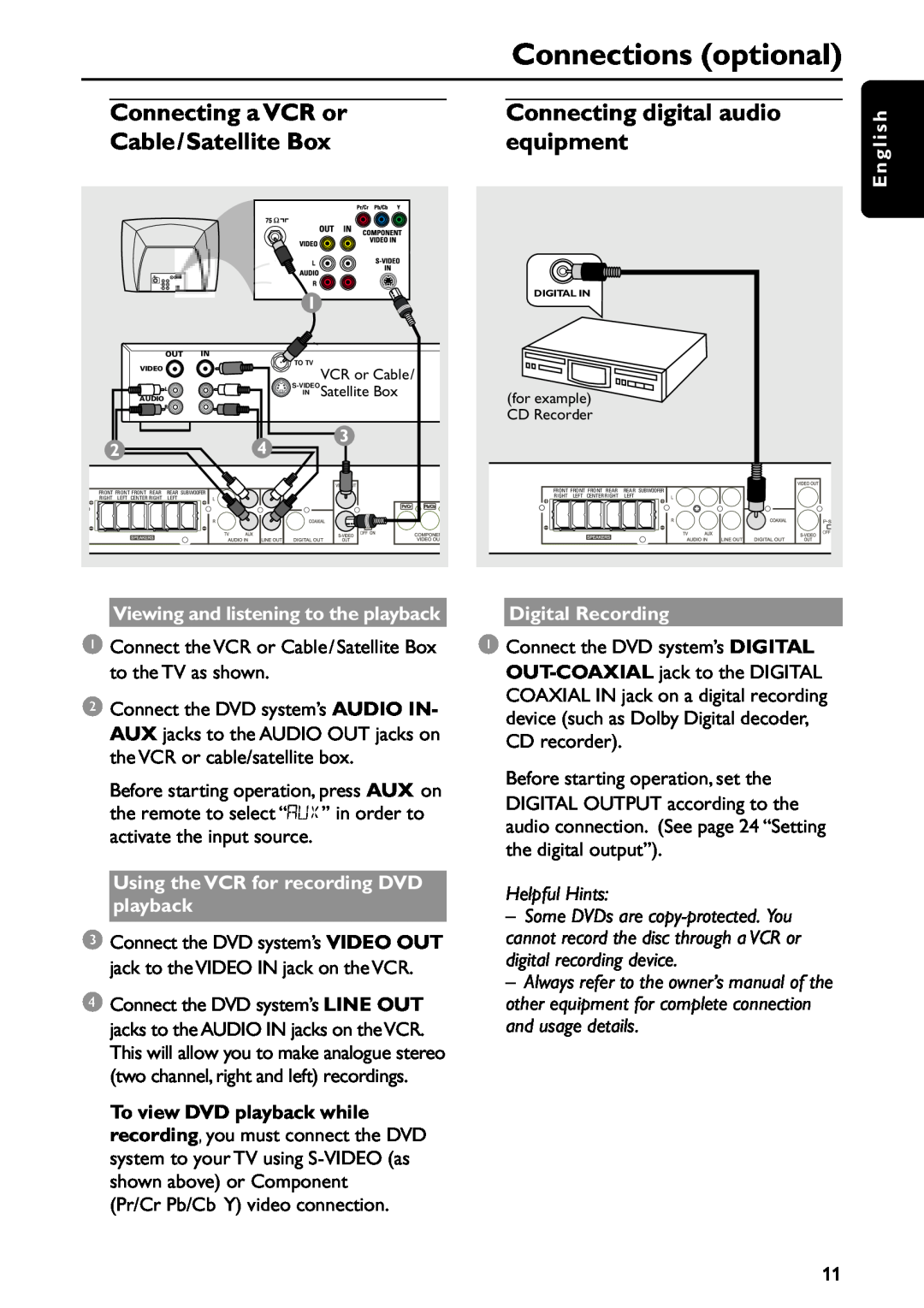 Philips MRD120 manual Connections optional, Connecting a VCR or, Connecting digital audio, Cable/Satellite Box, equipment 