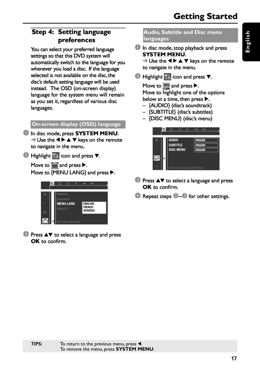 Philips MRD120 Setting language preferences, Getting Started, On-screendisplay OSD language, System Menu, E n g l i s h 