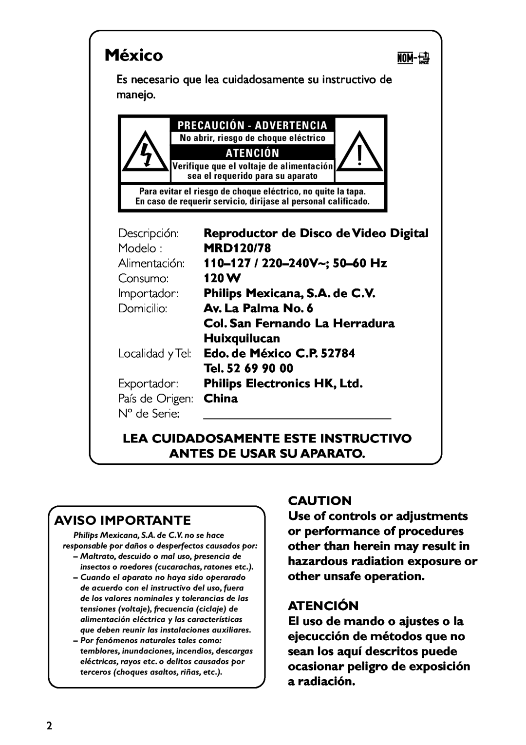 Philips MRD120 manual México, Aviso Importante 