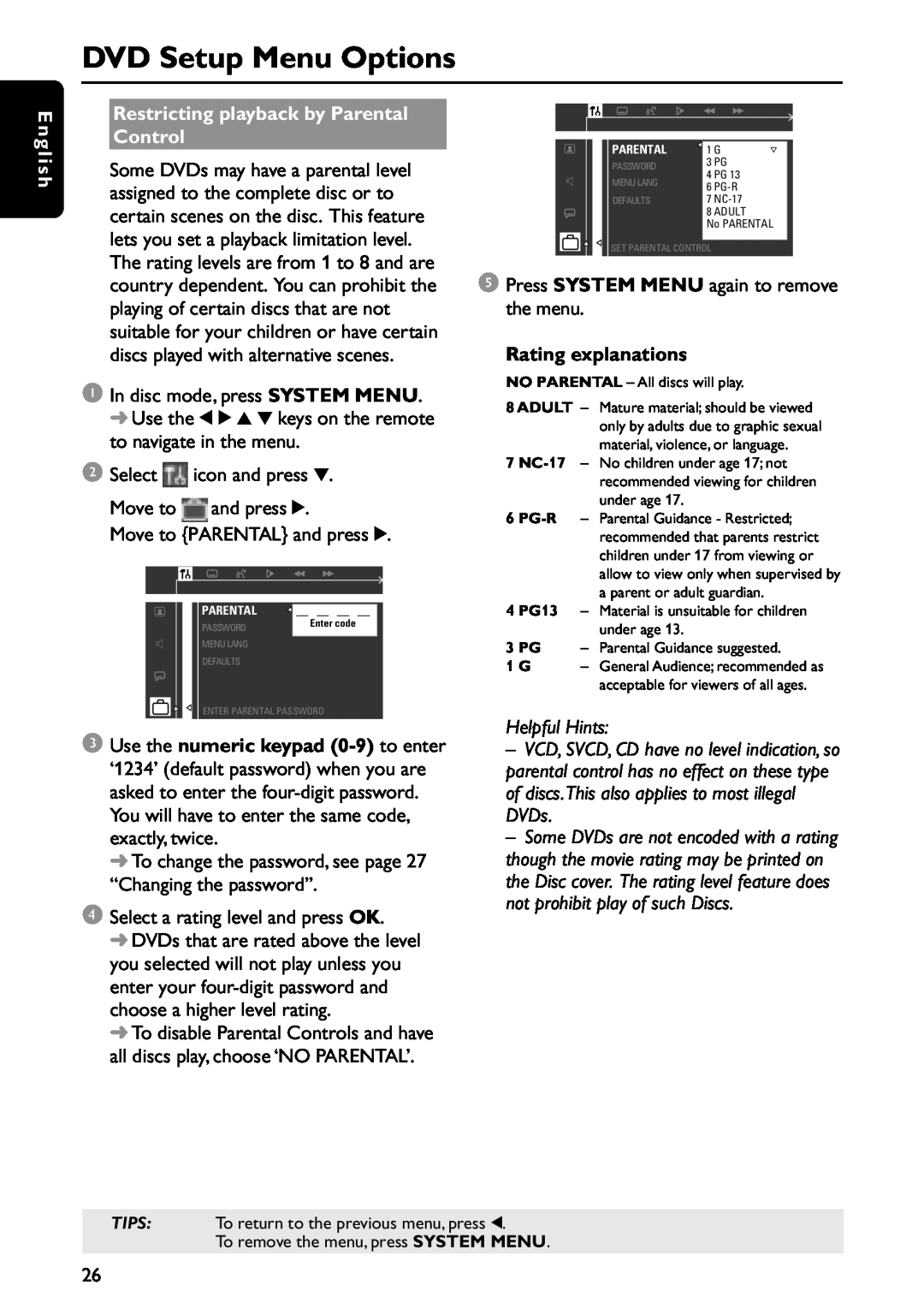 Philips MRD120 manual DVD Setup Menu Options, E n g l i s h, Restricting playback by Parental Control, Rating explanations 