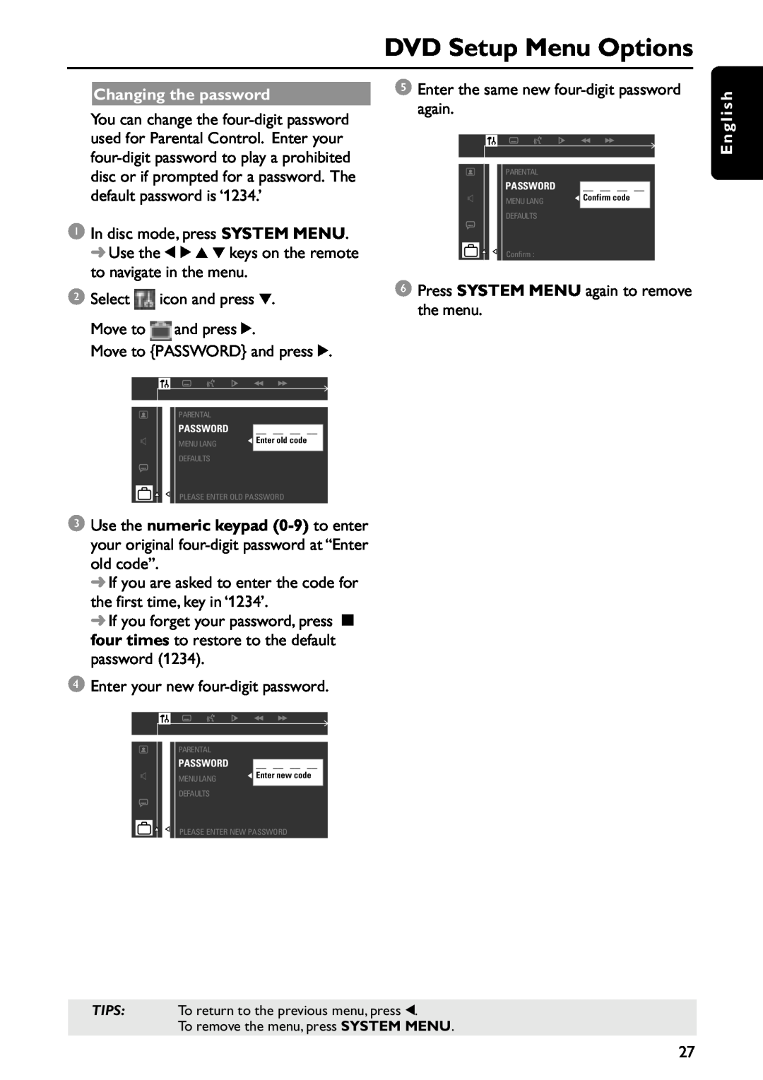 Philips MRD120 manual DVD Setup Menu Options, Changing the password, E n g l i s h 