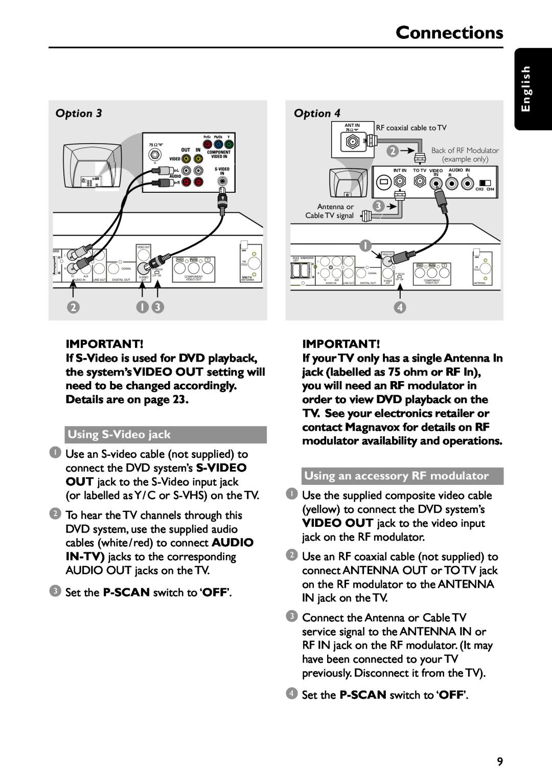 Philips MRD120 manual Connections, Option, English, Using S-Videojack, Using an accessory RF modulator 