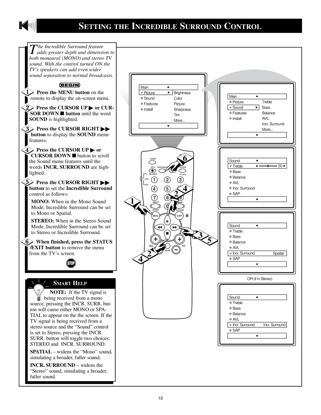 Philips MS3250C99 manual Press the Cursor UP Or CUR, SOR Down button until the word, Button to set the Incredible Surround 