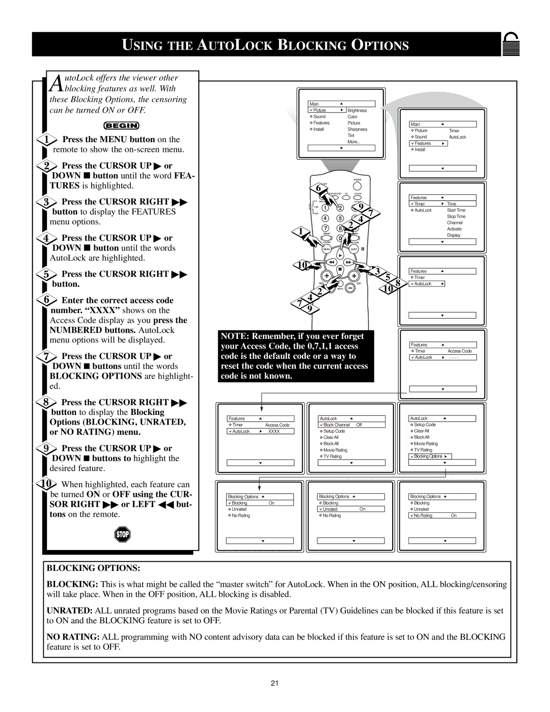 Philips MS3250C99 manual Using the Autolock Blocking Options, Or Left But Tons on the remote 