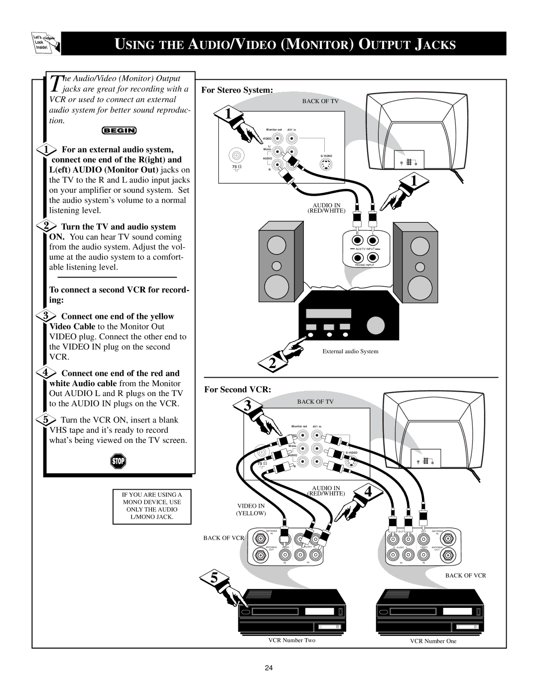 Philips MS3250C99 manual Using the AUDIO/VIDEO Monitor Output Jacks 