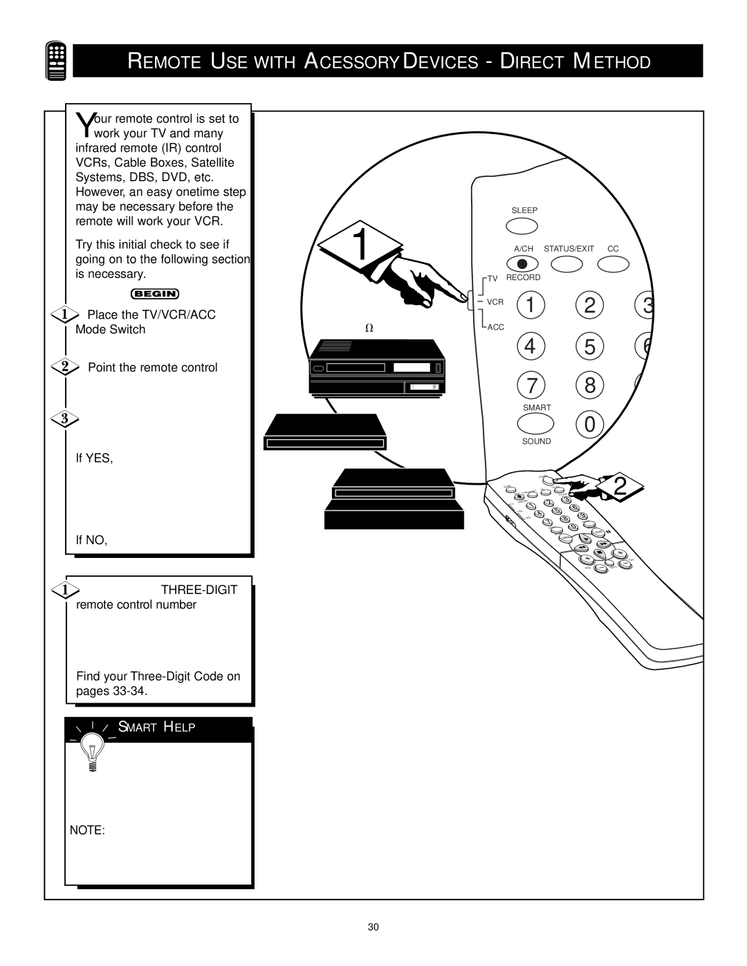 Philips MS3250C99 manual Remote USE with Acessory Devices Direct Method, Place the TV/VCR/ACC, Point the remote control at 