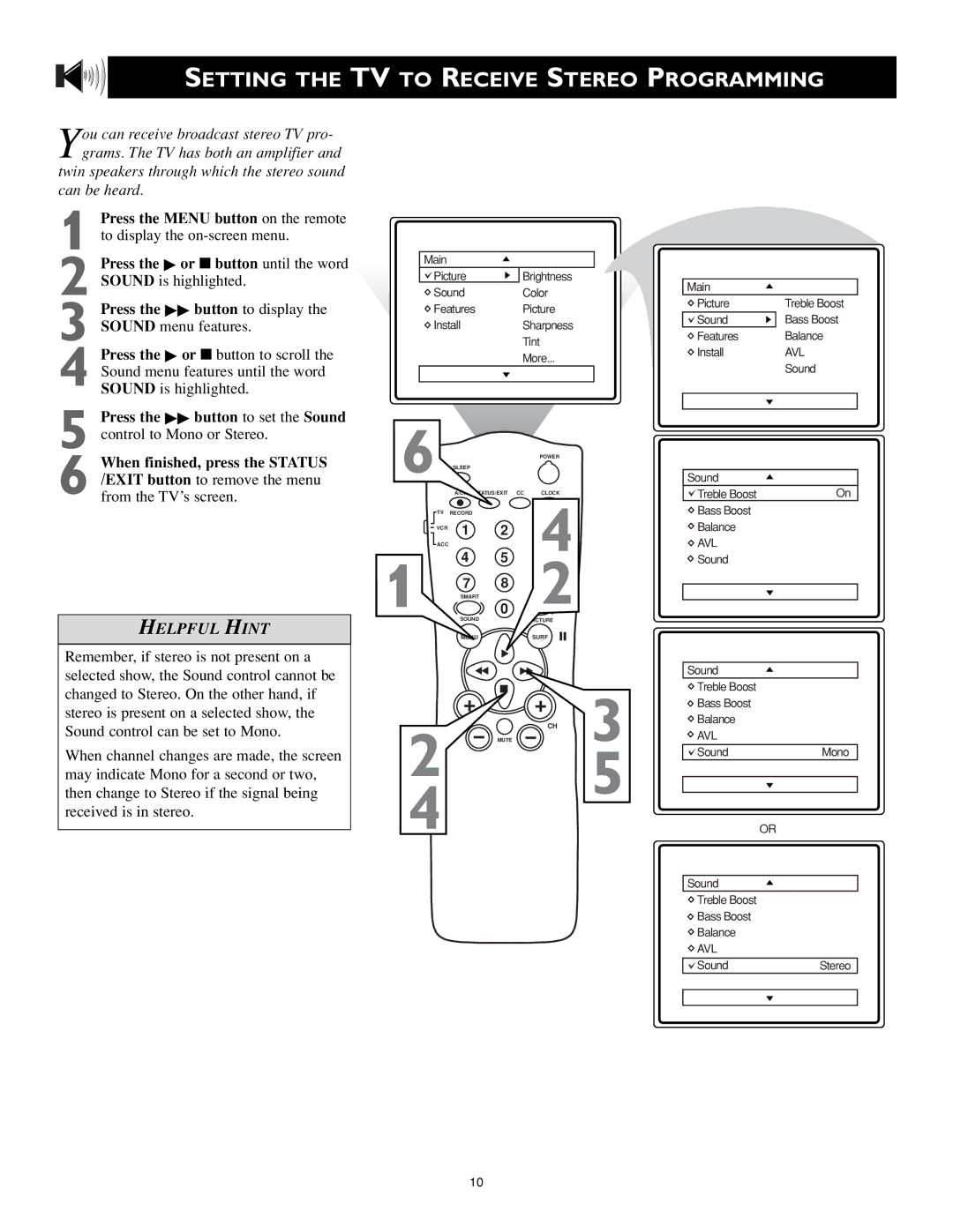 Philips MS3652S, MS3252S owner manual Setting the TV to Receive Stereo Programming 