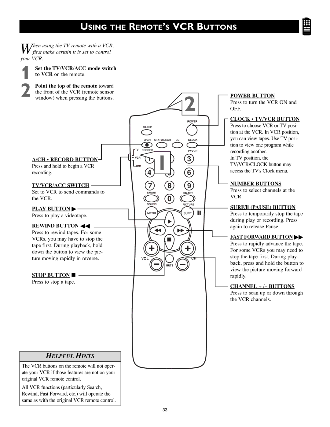 Philips MS3252S, MS3652S owner manual Using the REMOTE’S VCR Buttons, Set the TV/VCR/ACC mode switch 