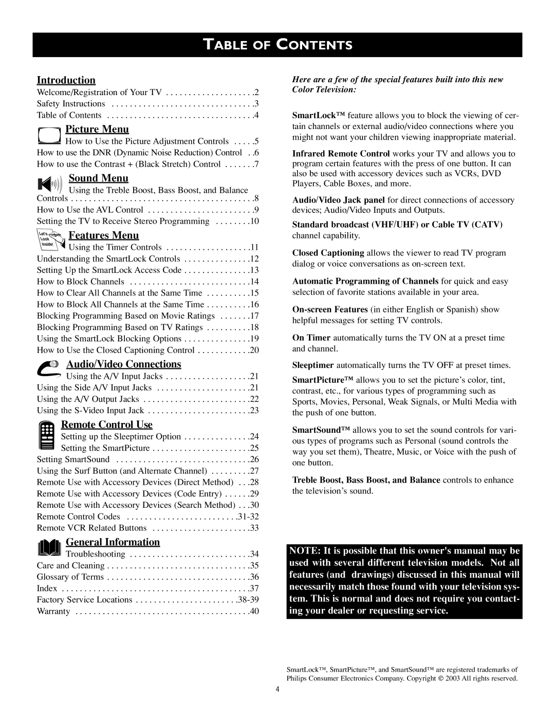 Philips MS3652S, MS3252S owner manual Table of Contents 