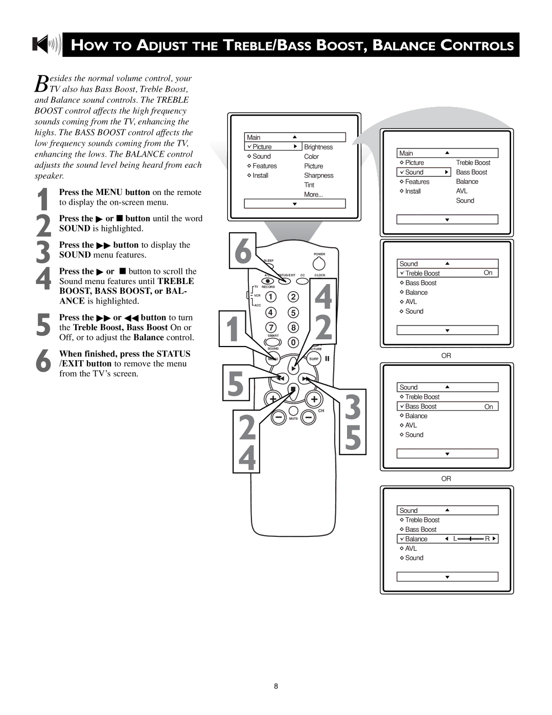 Philips MS3652S, MS3252S owner manual HOW to Adjust the TREBLE/BASS BOOST, Balance Controls 