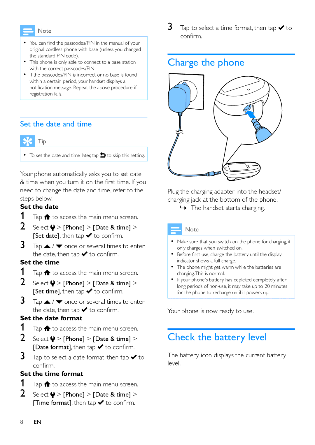 Philips MT3120 user manual Charge the phone, Check the battery level, Set the date and time 